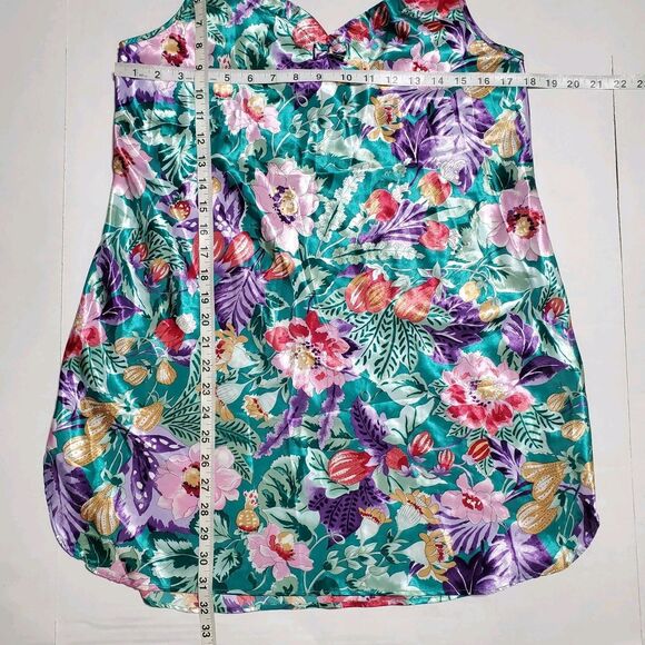 Vintage CALIFORNIA DYNASTY Floral Print Satin Chemise Slip Size L Teal Womens - Picture 6 of 8